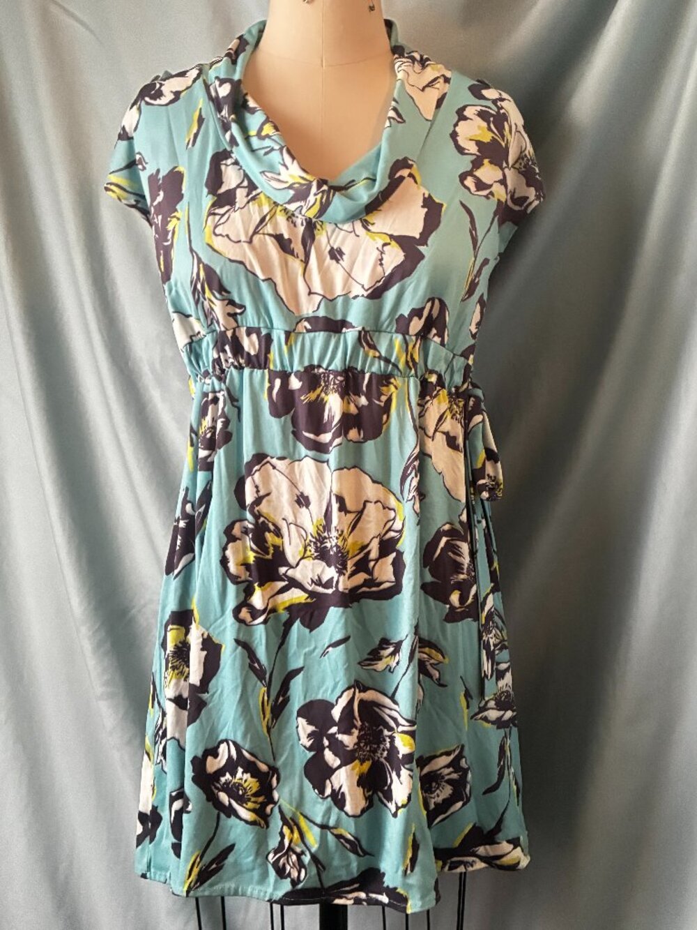 LA BEFANA Tie Waist Cowl Neck Floral Print Mini Dress